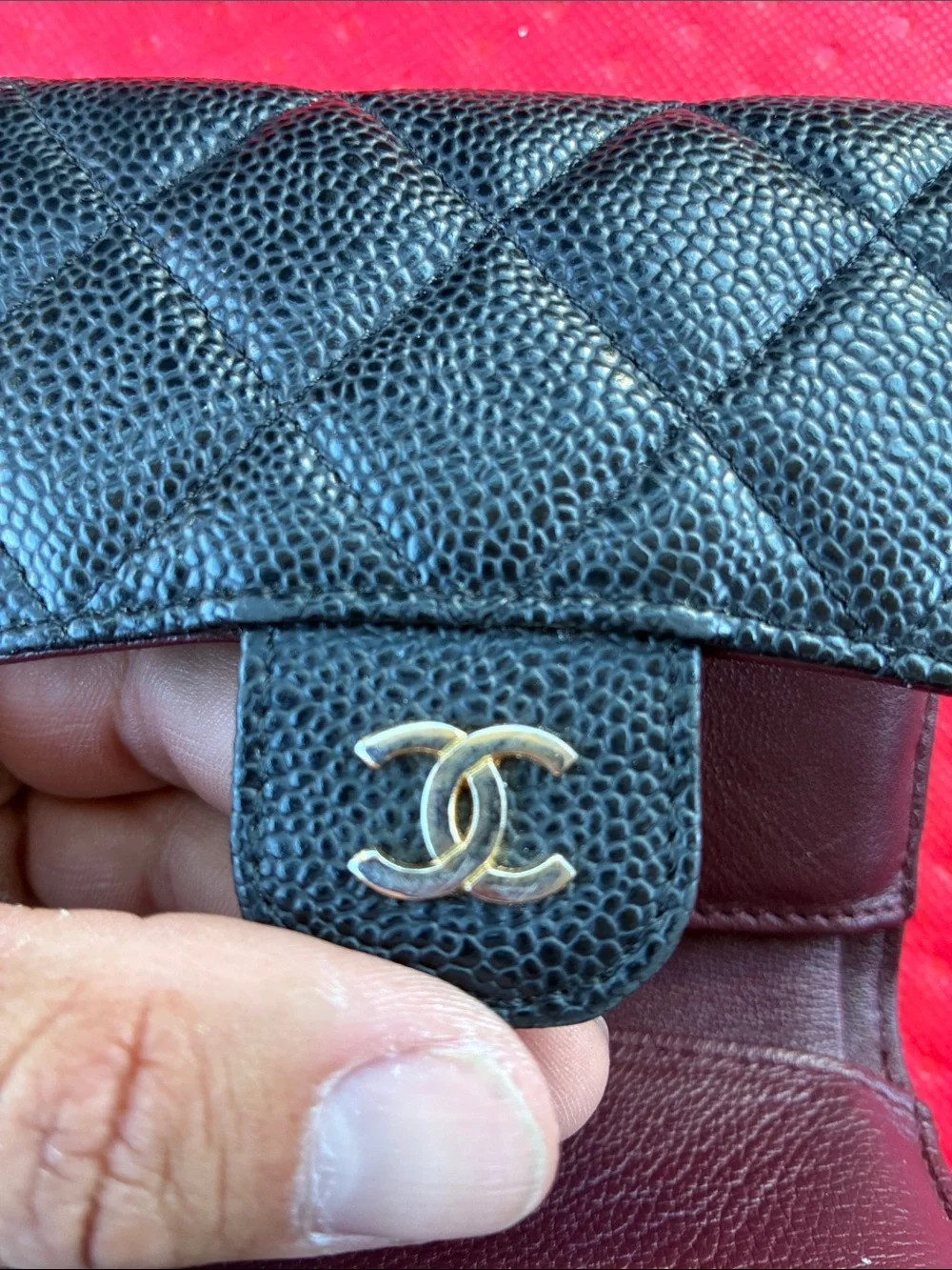 CHANEL Black Quilted Caviar Leather Small Wallet with Gold CC